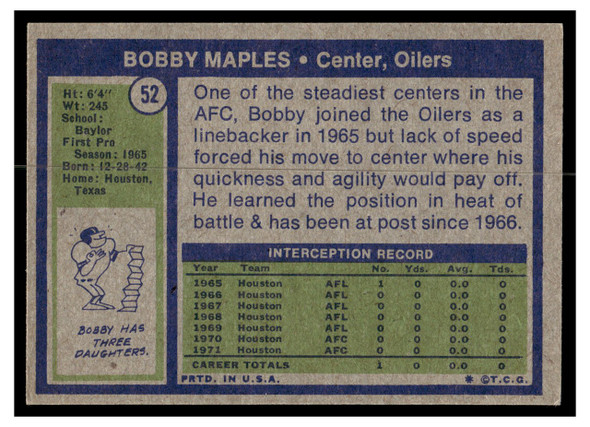 1972 Topps Bobby Maples #52 Low Grade back of card