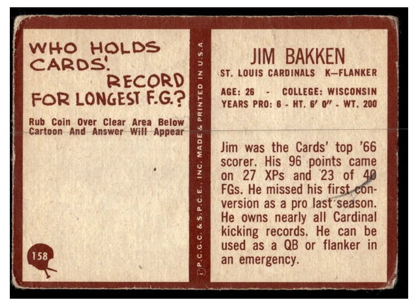 1967 Philadelphia Jim Bakken #158 Low Grade - Creases back of card