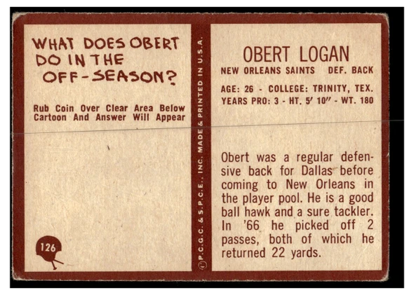 1967 Philadelphia Obert Logan #126 Rookie Card Low Grade - Creases back of card