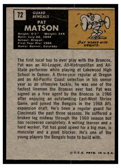 1971 Topps Pat Matson #72 Rookie Card Low Grade back of card