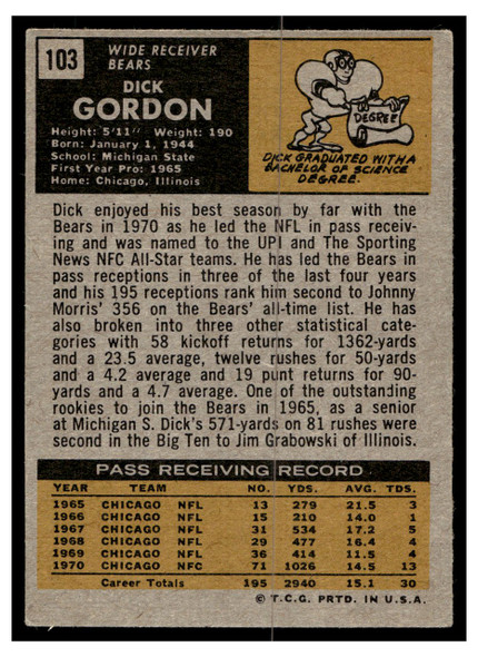1971 Topps Dick Gordon #103 Low Grade - Creases back of card