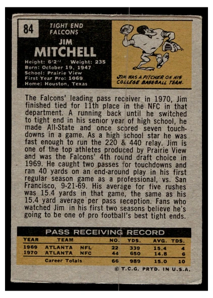 1971 Topps Jim Mitchell #84 Rookie Card Low Grade - Creases back of card