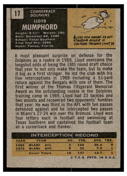 1971 Topps Lloyd Mumphord #17 Rookie Card Low Grade back of card