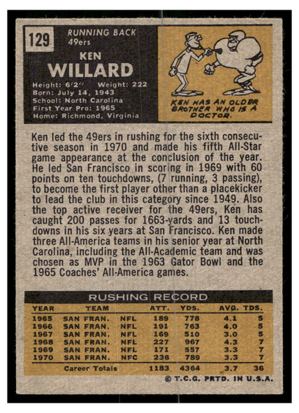 1971 Topps Ken Willard #129 Low Grade back of card