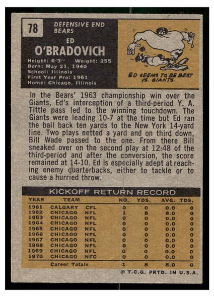 1971 Topps Ed O'Bradovich #78 Low Grade — Example B back of card