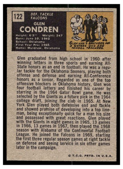 1971 Topps Glen Condren #122 Rookie Card Low Grade back of card