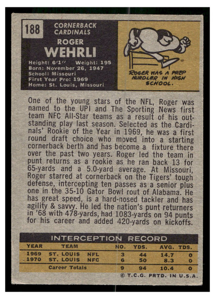 1971 Topps Roger Wehrli #188 Rookie Card HOF Low Grade back of card