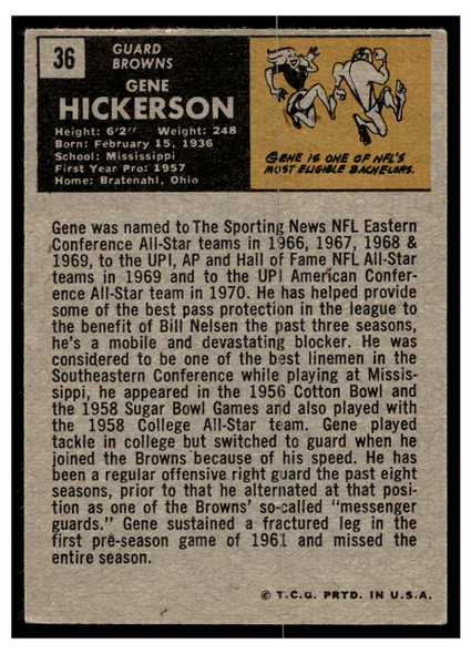 1971 Topps Gene Hickerson #36 HOF Low Grade — Example A back of card