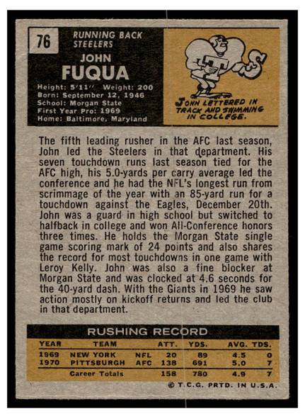 1971 Topps John Fuqua #76 Rookie Card Low Grade back of card