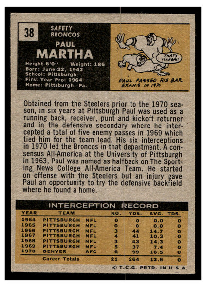 1971 Topps Paul Martha #38 Low Grade — Example B back of card