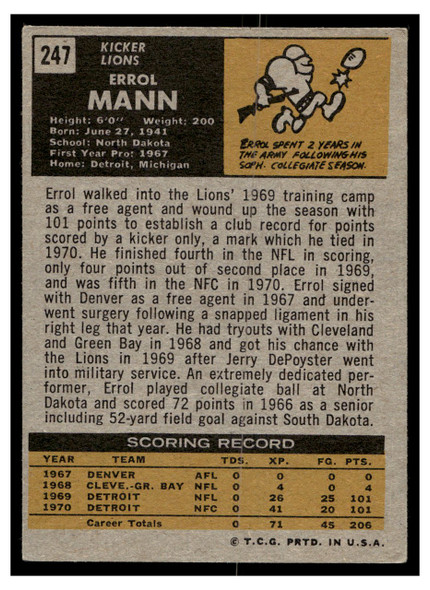 1971 Topps Errol Mann #247 Rookie Card Low Grade back of card