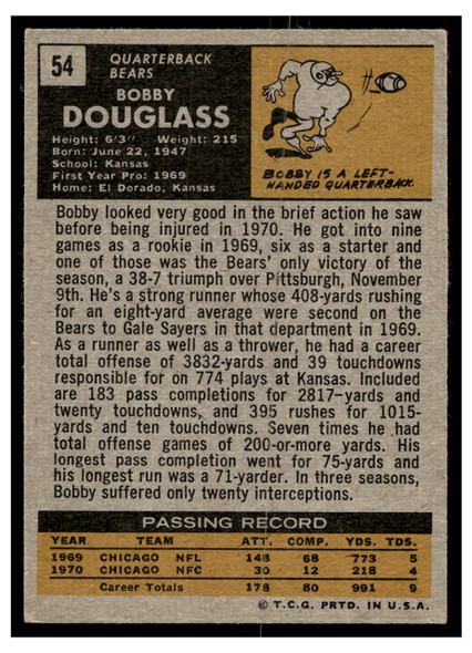 1971 Topps Bobby Douglass #54 Rookie Card Low Grade back of card