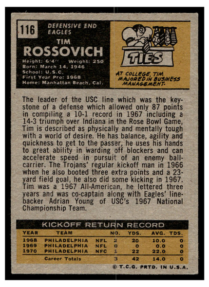 1971 Topps Tim Rossovich #116 Low Grade back of card