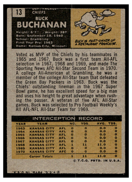 1971 Topps Buck Buchanan #13 HOF Low Grade — Example B back of card