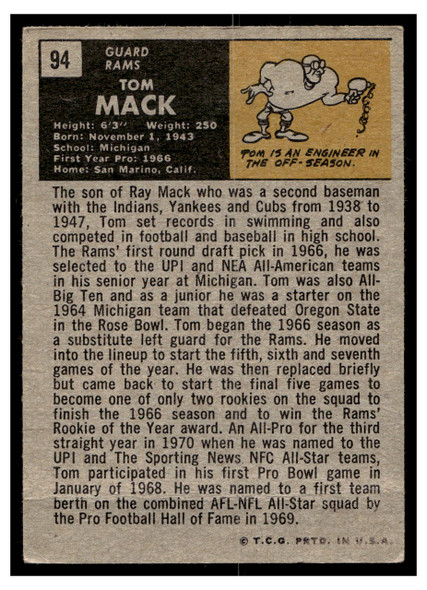 1971 Topps Tom Mack #94 HOF Low Grade back of card