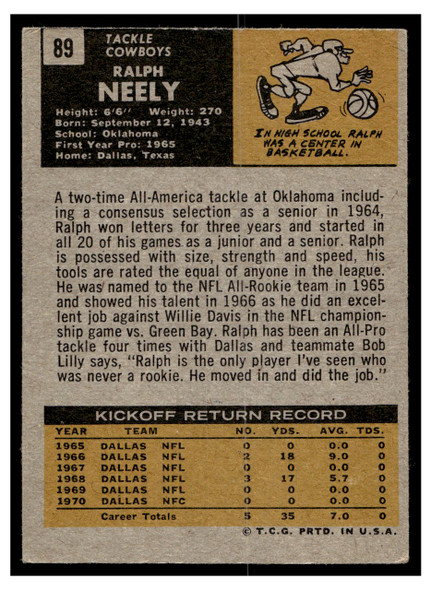 1971 Topps Ralph Neely #89 Low Grade back of card
