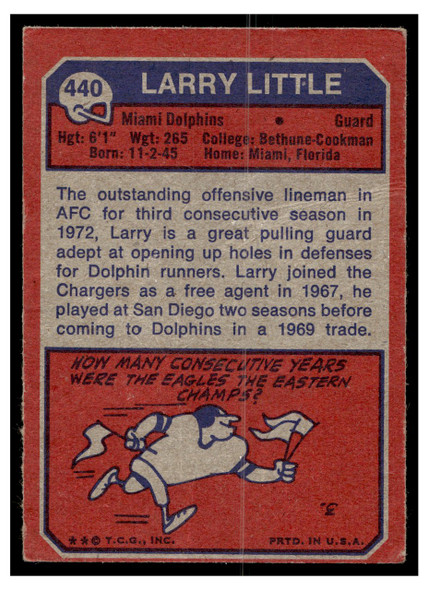 1973 Topps Larry Little #440 HOF Low Grade back of card