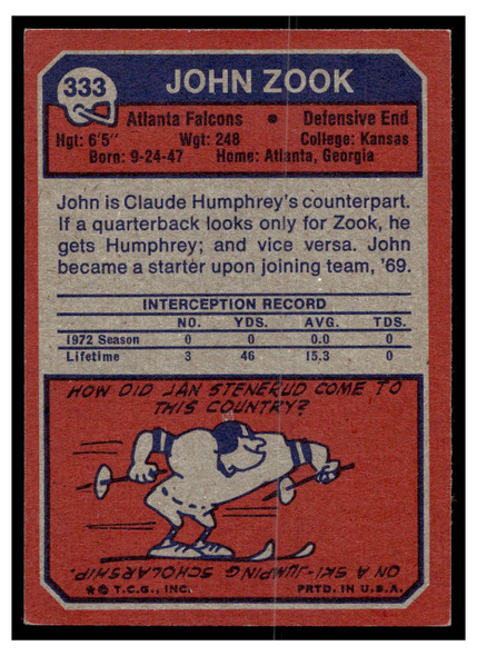 1973 Topps John Zook #333 Low Grade back of card