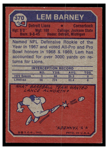 1973 Topps Lem Barney #370 HOF Low Grade back of card