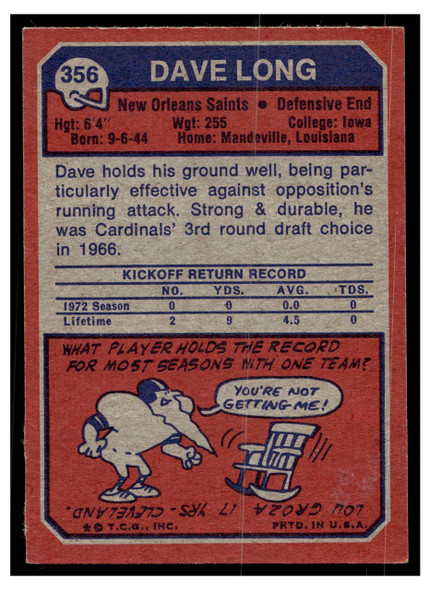 1973 Topps Dave Long #356 Rookie Card Low Grade back of card