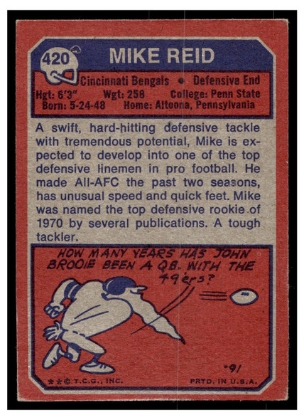 1973 Topps Mike Reid #420 Low Grade back of card