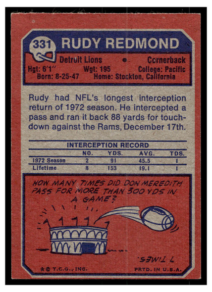 1973 Topps Rudy Redmond #331 Low Grade back of card
