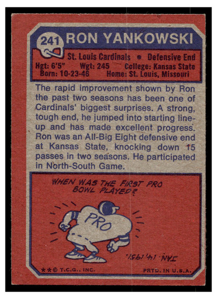 1973 Topps Ron Yankowski #241 Rookie Card Low Grade back of card