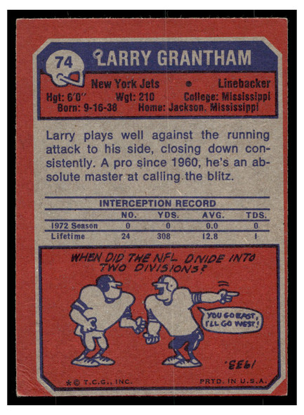 1973 Topps Larry Grantham #74 Low Grade back of card