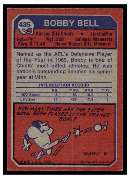 1973 Topps Bobby Bell #435 HOF Low Grade back of card
