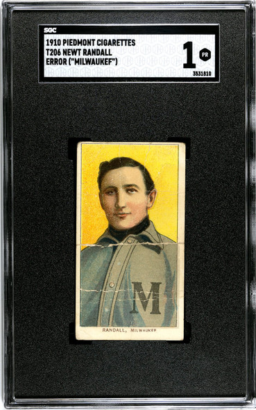 1910 T206 Newt Randall Portrait, Error 'Milwaukef' Piedmont 350 SGC 1 front of card