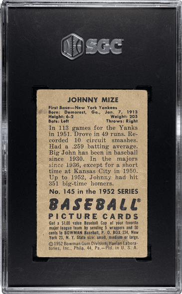 1952 Bowman Johnny Mize #145 SGC 1 back of card