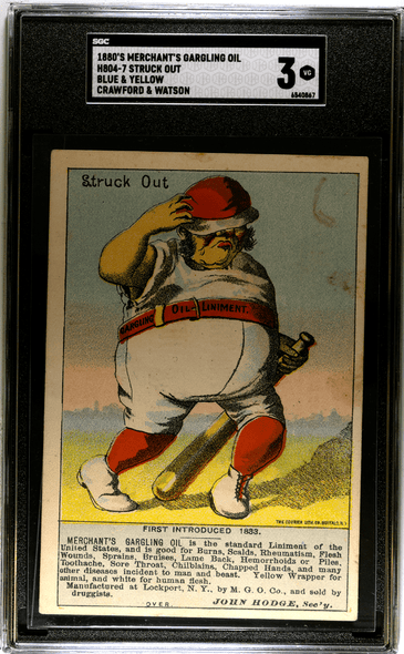 1880s H804-7 Merchant's Gargling Oil Struck Out Blue & Yellow Crawford & Watson SGC 3 front of card