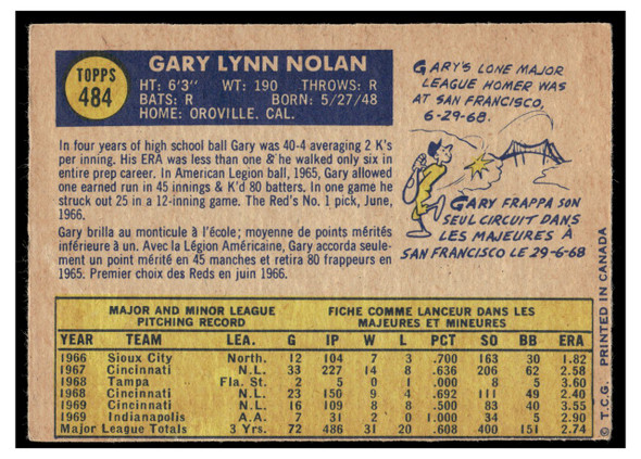 1970 O-Pee-Chee Gary Nolan #484 Good back of card