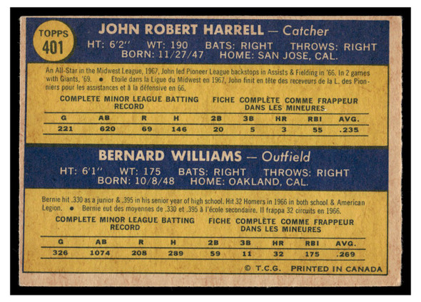 1970 O-Pee-Chee John Harrell / Bernie Williams #401 1970 ROOKIE STARS Rookie Card Low Grade back of card