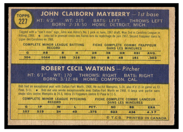1970 O-Pee-Chee John Mayberry / Bob Watkins #227 1970 Rookie Stars Rookie Card Low Grade - Creases back of card