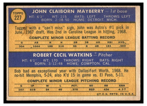 1970 Topps John Mayberry / Bob Watkins #227 1970 Rookie Stars Rookie Card Low Grade — Example A back of card