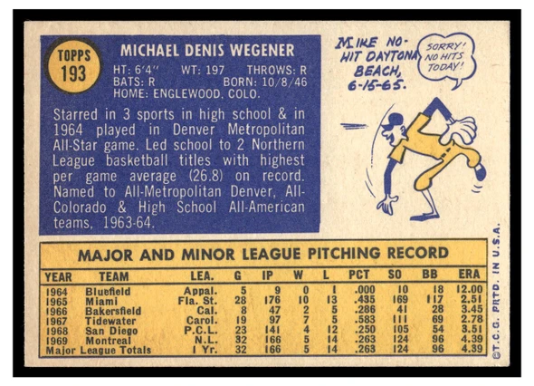 1970 Topps Mike Wegener #193 Low Grade back of card
