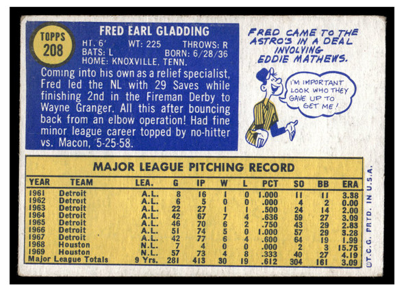 1970 Topps Fred Gladding #208 Low Grade back of card