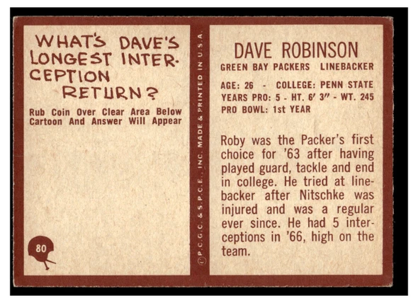 1967 Philadelphia Dave Robinson #80 Rookie Card HOF Low Grade - Creases back of card
