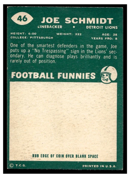 1960 Topps Joe Schmidt #46 HOF Low Grade back of card