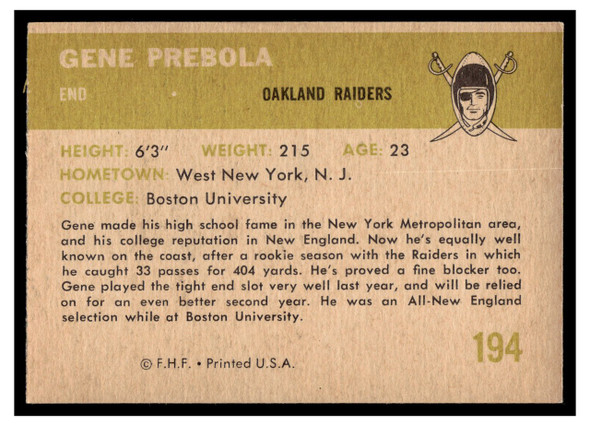 1961 Fleer Gene Prebola #194 Low Grade back of card