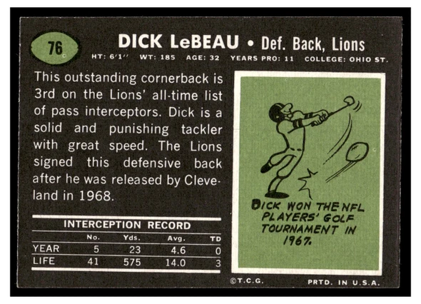 1969 Topps Dick LeBeau #76 HOF Low Grade back of card