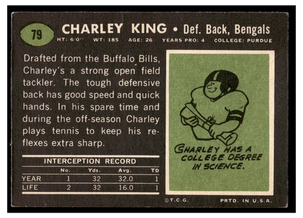 1969 Topps Charley King #79 Rookie Card Low Grade back of card
