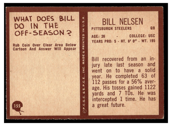 1967 Philadelphia Bill Nelsen #155 Low Grade back of card