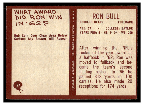 1967 Philadelphia Ron Bull #27 Low Grade back of card
