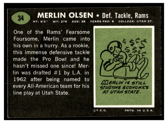 1969 Topps Merlin Olsen #34 HOF Low Grade back of card