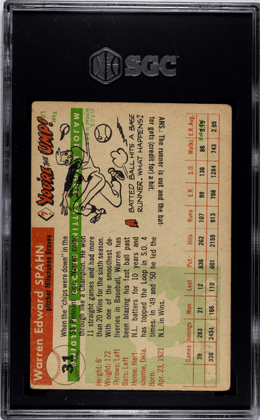 1955 Topps Warren Spahn & Jim Hegan Wrong Back #7 SGC A back of card