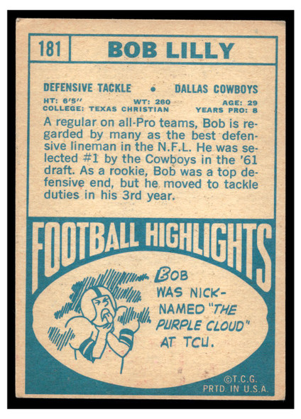 1968 Topps Bob Lilly #181 HOF Low Grade - Creases back of card