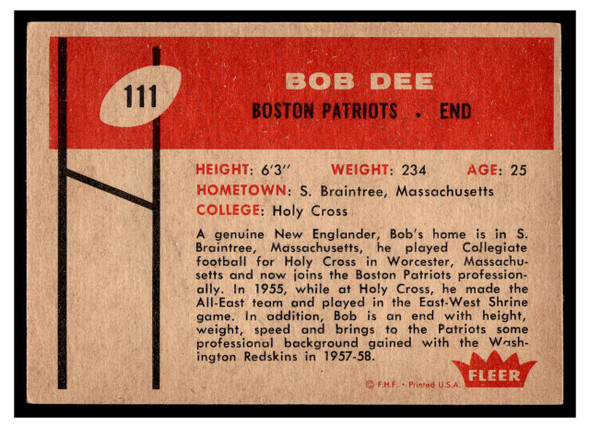 1960 Fleer Bob Dee #111 Rookie Card Low Grade back of card