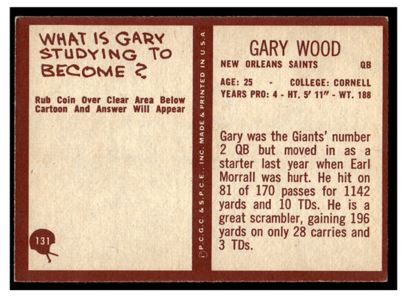1967 Philadelphia Gary Wood #131 Low Grade back of card